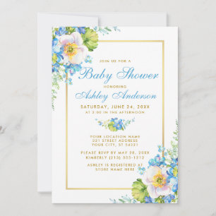 Watercolor Blue Floral Gold Baby Shower Invitation