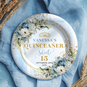 Watercolor Blue Floral Gold Custom Name Quince  Paper Plate