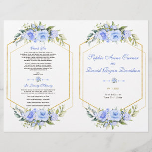 Watercolor Blue Floral Gold Frame Wedding Program Flyer