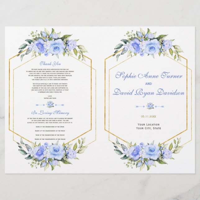 Watercolor Blue Floral Gold Frame Wedding Program Flyer (Front)