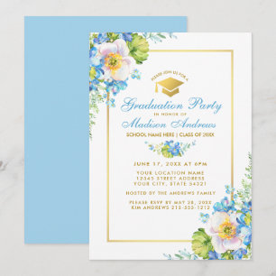 Watercolor Blue Floral Gold Grad Party Invite B