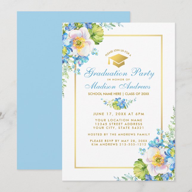 Watercolor Blue Floral Gold Grad Party Invite B (Front/Back)