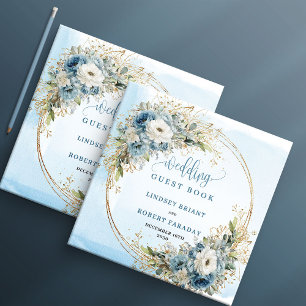 Watercolor Blue Floral Gold Wedding Guest Book