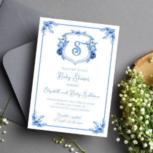 Watercolor Blue Floral Monogram Crest Baby Shower Invitation