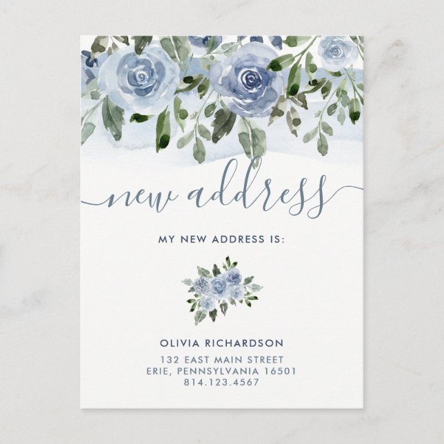 Watercolor Blue Floral | Moving Announcement (Front)