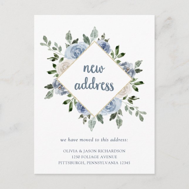 Watercolor Blue Floral | Moving Announcement Postcard (Front)