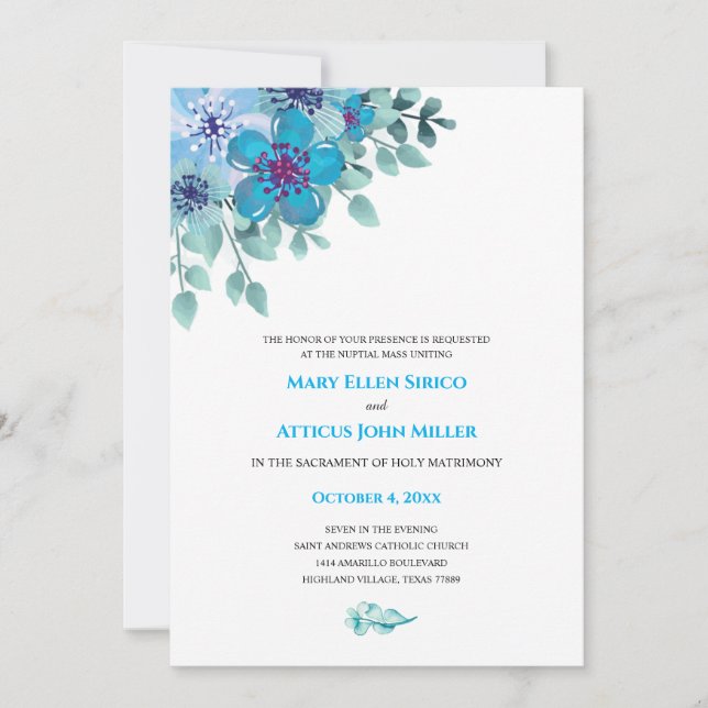 Watercolor Blue Floral Nuptial Mass Invitation (Front)