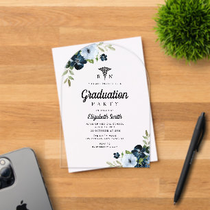 watercolor blue floral nursing graduation party acrylic invitations