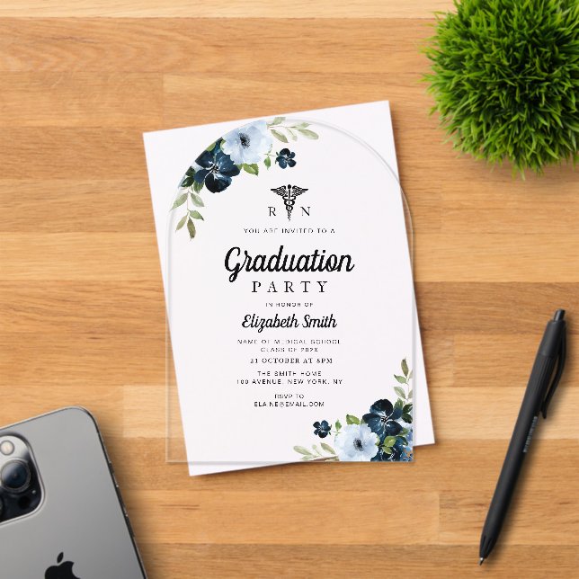watercolor blue floral nursing graduation party acrylic invitations (Insitu (Invitation Card))