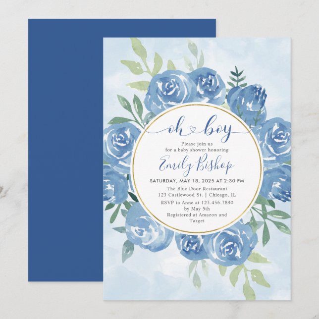 Watercolor blue floral Oh boy Baby shower  Invitation (Front/Back)