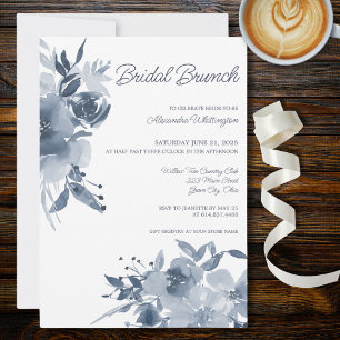 Watercolor Blue Floral on White Bridal Shower Invitation