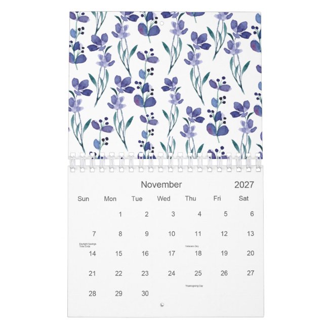 Watercolor Blue Floral Pattern 2026 Calendar (Nov 2027)