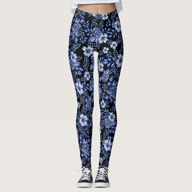 Watercolor Blue Floral pattern Black BG Leggings (Front)