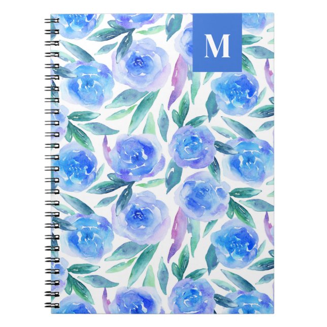 Watercolor blue floral pattern. Garden flowers Notebook (Front)