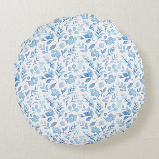 Watercolor Blue Floral Pattern Round Cushion (Back)