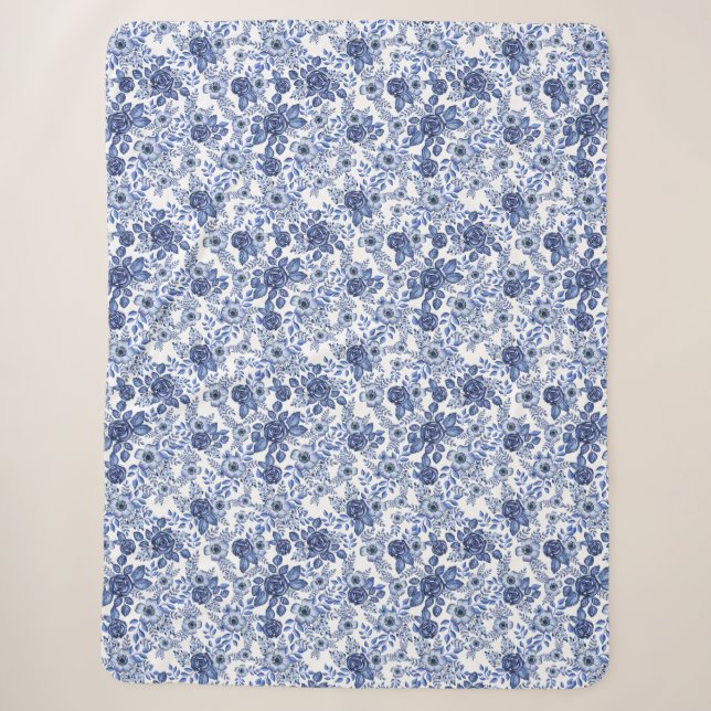Watercolor Blue Floral pattern Sherpa Blanket (Front)