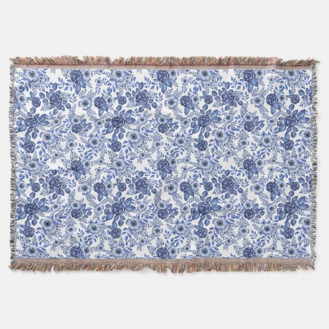 Watercolor Blue Floral pattern Throw Blanket (Front)