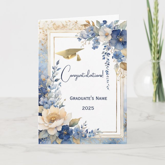 Watercolor Blue Floral Personalised Graduation Card (Front)