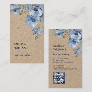 Watercolor Blue Floral Qr Code Rustic Business Card