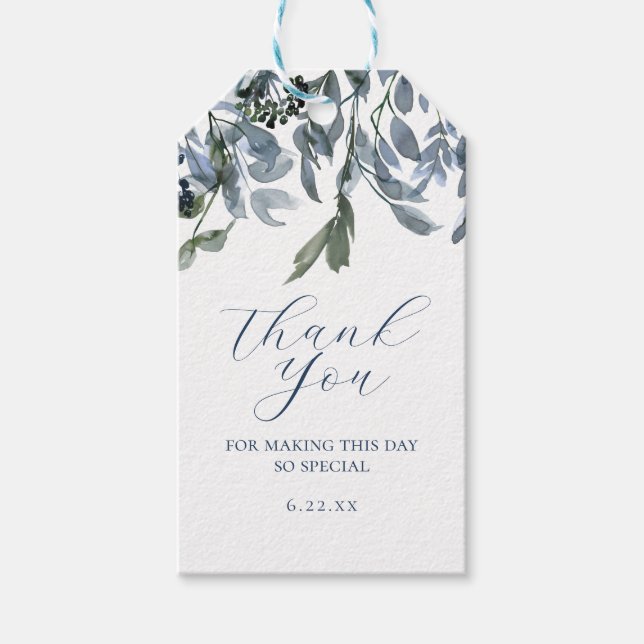Watercolor Blue Floral Script Dated Thank You Gift Tags (Front)