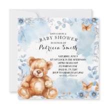 Watercolor Blue Floral Teddy Bear Baby Shower