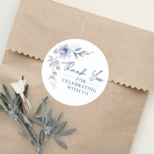 Watercolor Blue Floral Thank You for Celebrating Classic Round Sticker
