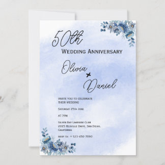 Watercolor Blue Floral Wedding Anniversary Invitation