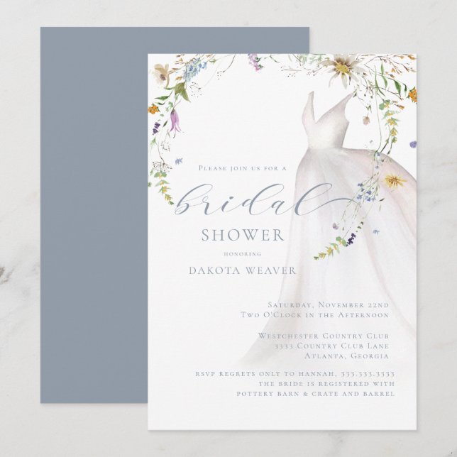 Watercolor Blue Floral Wedding Dress Bridal Shower Invitation (Front/Back)
