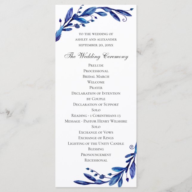 Watercolor blue floral wedding. Navy botanical Programme (Front)