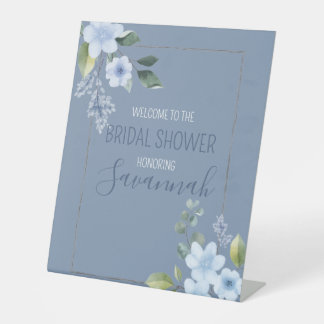 Watercolor Blue Floral Wedding Shower Welcome Pedestal Sign