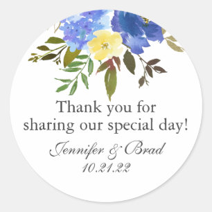 Watercolor Blue Floral Wedding Thank You Classic Round Sticker