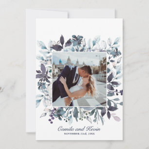 Watercolor Blue Floral Wedding Thank You PHOTO Card