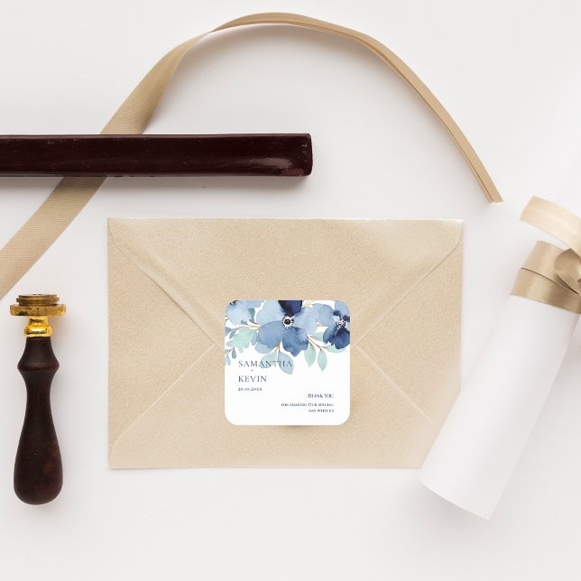 Watercolor Blue Floral Wedding Thank You Square Sticker (Watercolor Blue Floral Wedding Thank You Square Sticker)