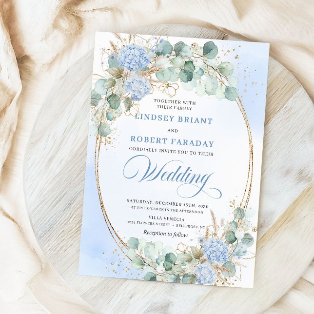 Watercolor Blue Floral Wheat Gold Wedding Invites (Watercolor Blue Floral Wheat Gold Wedding Invitation)