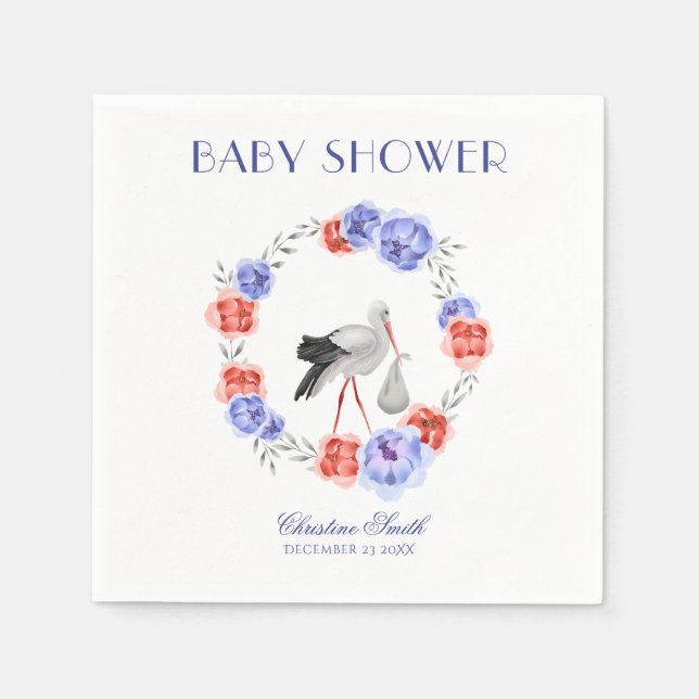 Watercolor Blue Floral Winter Wreath Napkins (Front)