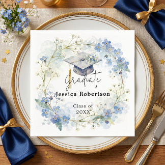 Watercolor Blue Floral Wreath Graduation Party Napkin