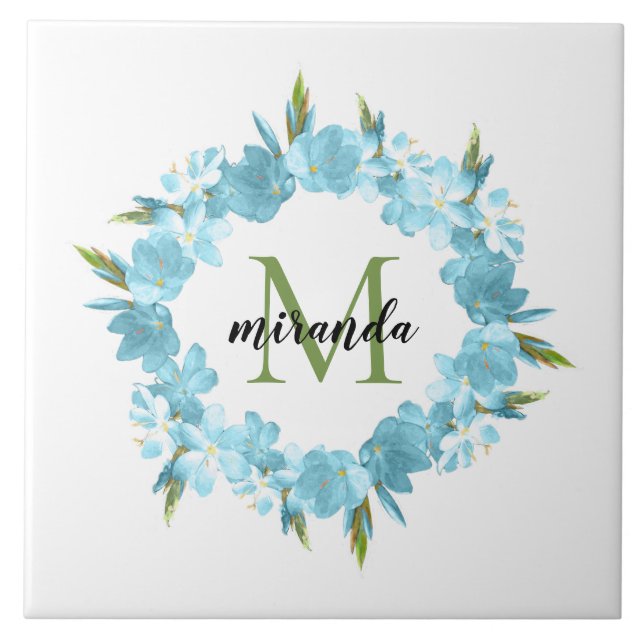 Watercolor Blue Floral Wreath Name Monogram Tile (Front)