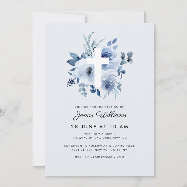 Watercolor blue florals Baptism invitation (Front)