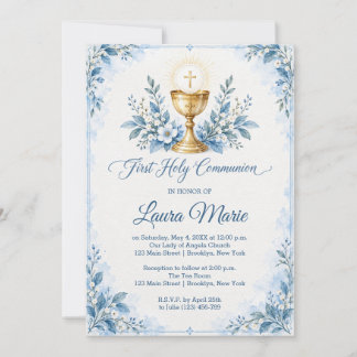 Watercolor Blue Florals First Holy Communion Invitation