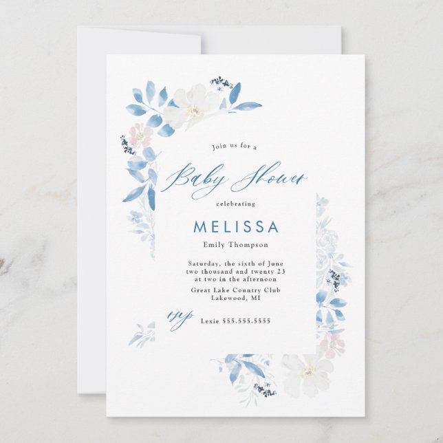 Watercolor Blue Flower Baby Shower Invitation   (Front)