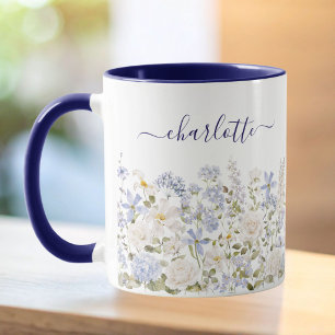 Watercolor Blue Flower Beautiful Floral Monogram Mug