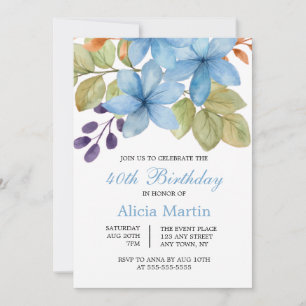 Watercolor Blue Flower Botanical Any Age Birthday  Invitation