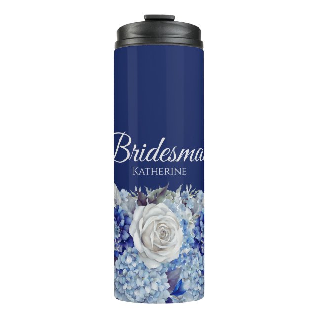 Watercolor Blue Flower Bouquet-Bridesmaid- Thermal Tumbler (Front)