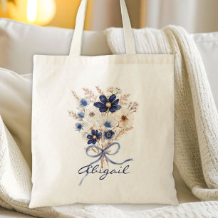 Watercolor Blue Flower Bouquet Floral Personalised Tote Bag
