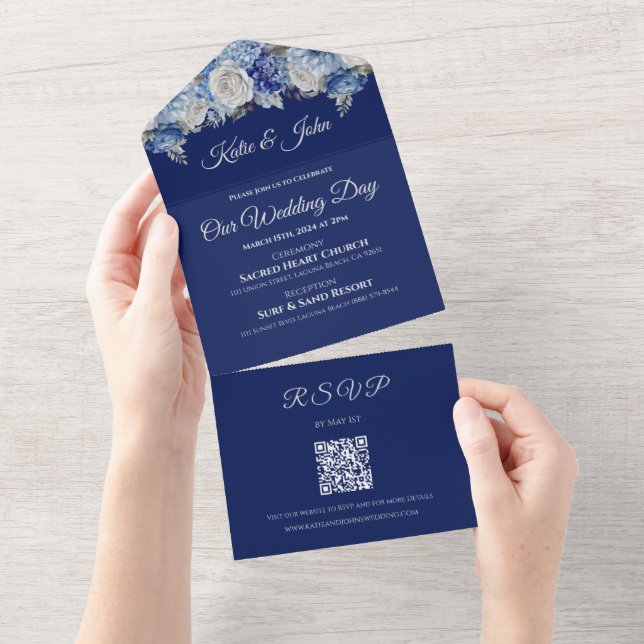 Watercolor Blue Flower Bouquet-Wedding- All In One Invitation (Tearaway)
