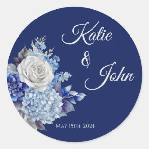 Watercolor Blue Flower Bouquet-Wedding- Classic Round Sticker