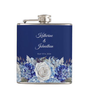 Watercolor Blue Flower Bouquet-Wedding- Hip Flask