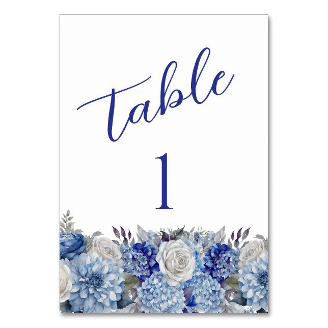 Watercolor Blue Flower Bouquet-Wedding- Table Number (Front)