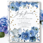 Watercolor Blue Flower Elephant Baby Shower Brunch Invitation<br><div class="desc">Beautiful watercolor indigo navy blue flowers baby elephant brunch design with scattered gold glitter and a coordinating leaf back for an extra special touch</div>