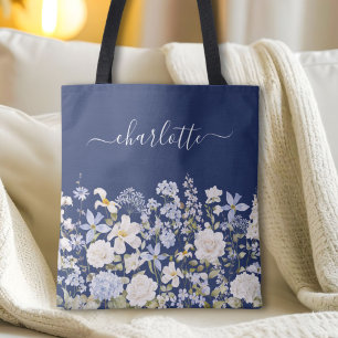 Watercolor Blue Flower Floral Elegant Monogram Tote Bag